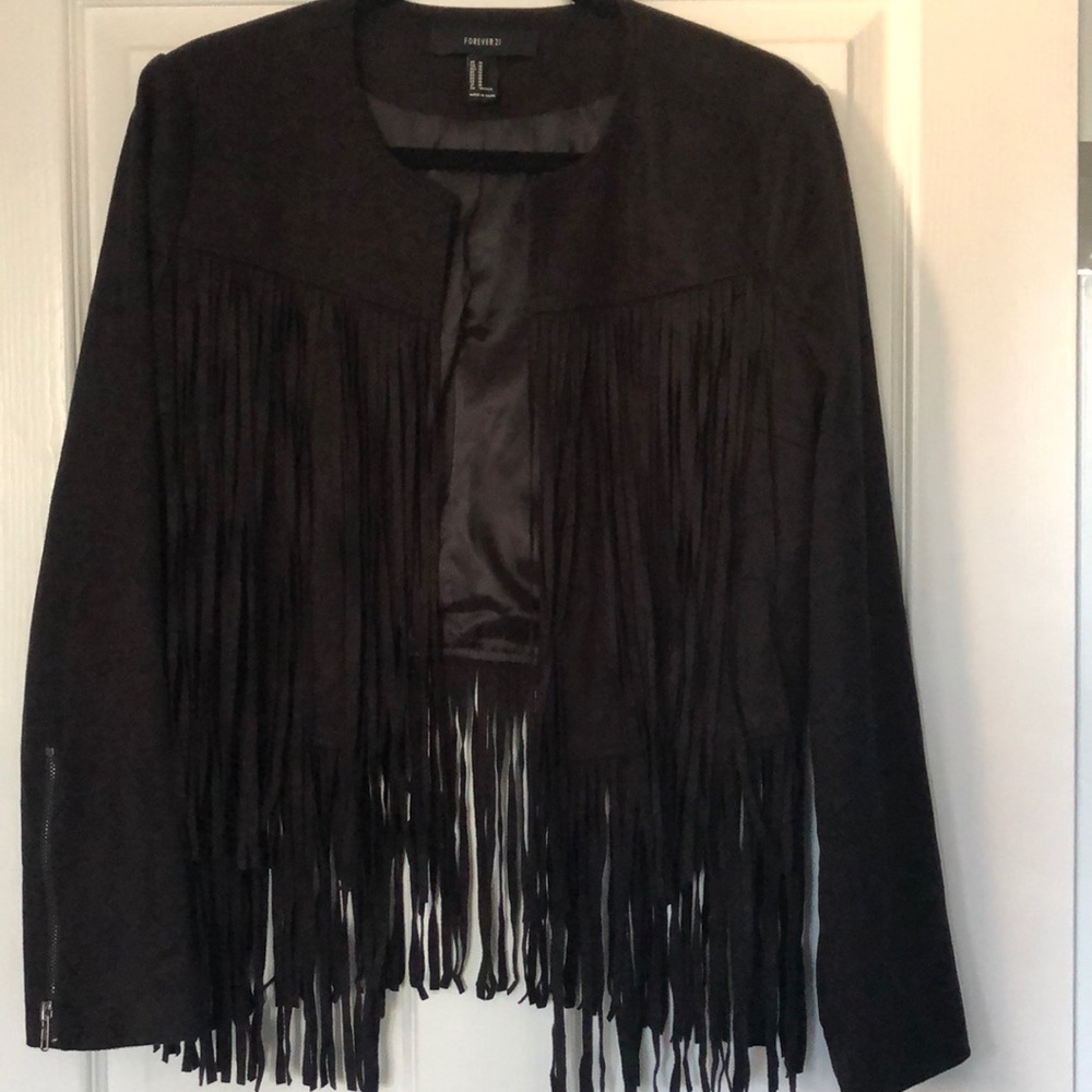 Forever 21 Black Fringe Suede-Look Blazer Jacket